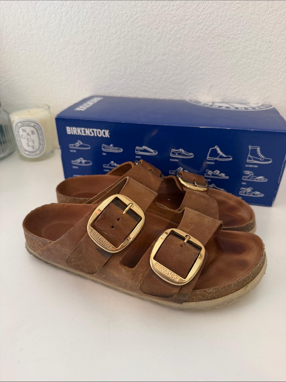 Birkenstock Arizona Brown Suede Sandals with Gold Buckles